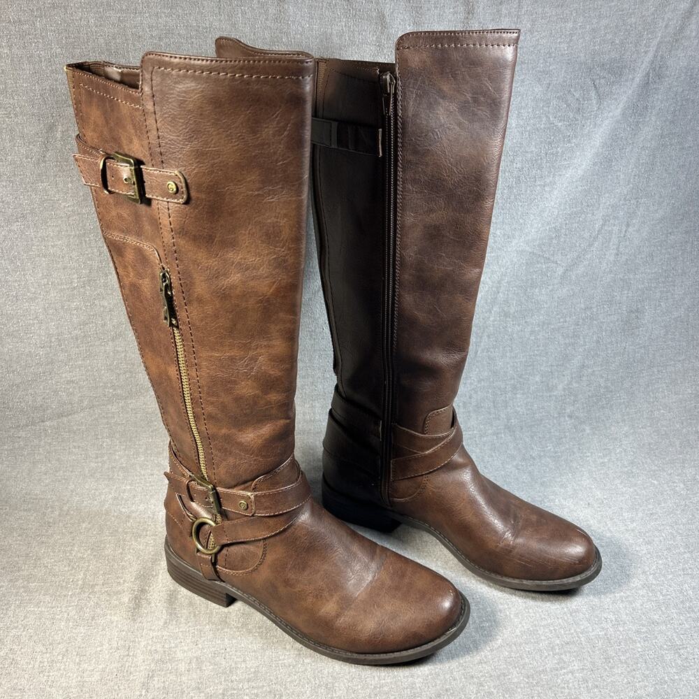 G by Guess Womens 10 M Brown Knee High Riding Boots Buckle Side Zip Moto